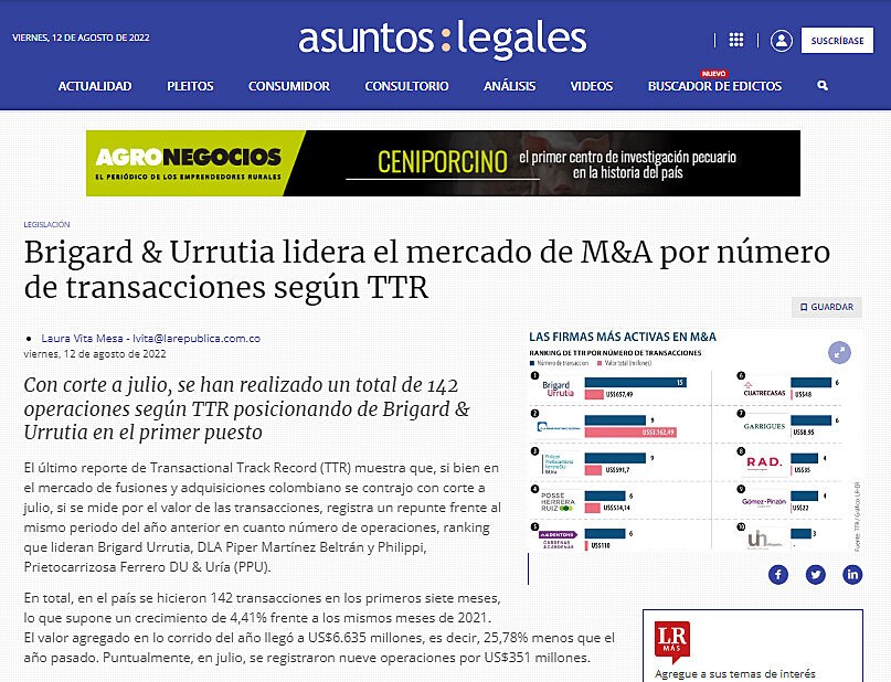 Brigard & Urrutia lidera el mercado de M&A por nmero de transacciones segn TTR